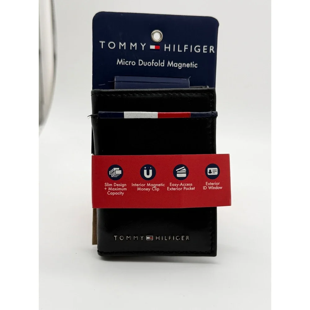 Tommy Hilfiger‎ Mens Micro Duofold Magnetic Wallet Black Leather RFID Slim New